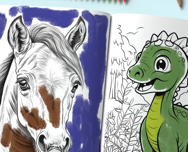 Livro de colorir aberto mostrando um cavalo parcialmente colorido na página esquerda e um dinossauro sorridente em uma cena de selva na página direita. Lápis de cor visíveis na parte superior. Ideal para atividades de colorir para crianças. Criatividade com livro de colorir para crianças da Cbook's Acervuz.