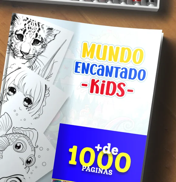 Capa do livro de colorir infantil 'Mundo Encantado Kids' com ilustrações de filhote de leopardo, garota de olhos grandes e peixe. Destaque para '+de 1000 páginas'. Livro da Cbook's Acervuz ideal para atividades de colorir para crianças.