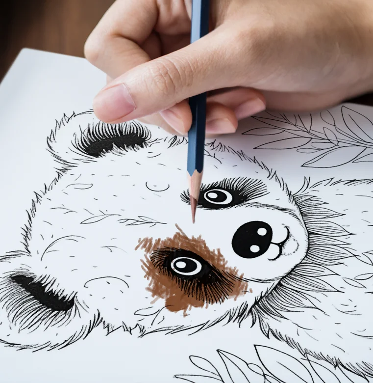 Mão colorindo um desenho da Cbook's Acervuz de um urso com lápis de cor marrom em um livro de colorir. Desenho detalhado com o rosto do urso parcialmente colorido e cercado por folhas não coloridas. Atividade e livro de colorir para crianças.